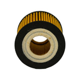 Top-down view of filter element. Black rubber end cap with large central bore revealing amber pleated paper media. White/cream felt sealing pad with dual concentric grey lines around central opening.