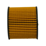 Side-on view of filter element showing full height of amber pleated paper media with tightly spaced pleats and black rubber end caps at both ends.