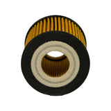 Bottom-up view of filter element. Black rubber base cap with large central opening lined with white felt sealing pad showing dual concentric grey seal lines.