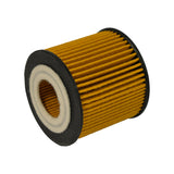 Isometric bottom-left view of filter element. Amber pleated media and black rubber caps clearly visible; bottom bore and felt sealing ring partially visible at front-right.