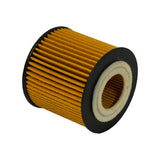Isometric bottom-right view of filter element. Amber pleated media dominates, with black rubber end caps top and bottom; felt pad and central bore visible on right face.