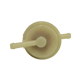 Top-down view of filter lid showing central bleed nipple/plug and both barb ports extending left and right from the lid. Circular lid with flat sealing flange visible.