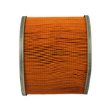 Filter element partially removed or visible through open end of box — flat rectangular panel filter with pleated paper element and rubber perimeter seal, viewed from above.