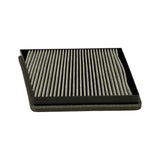 Top-down plan view of filter showing full media face and black rigid plastic outer frame with foam gasket sealing strip visible around the perimeter. Media pleats run parallel across the full filter width.