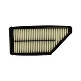 Filter element removed from box, top face showing pleated paper filter media within a rectangular moulded rubber-edged frame; clean and unused.