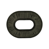 Opposite face of oval panel air filter, showing slightly lighter-coloured pleated media on reverse side; black rubber outer surround and central oval aperture. Unused.