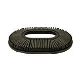 Angled view from slightly above showing filter thickness and serrated outer edge of the rubber seal frame; pleated media visible on upper and lower faces.