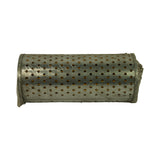 Filter element laid horizontally. Shows full length of the perforated galvanised steel outer canister with uniform circular perforation pattern. Filter media (orange/amber) visible through perforations.