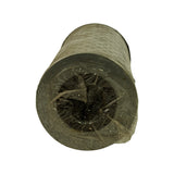Bottom-end view of the filter element showing open centre bore with plastic wrap gathered inward. Confirms hollow cylindrical construction with no integral end-plate seal visible at this end.