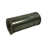 Angled three-quarter view of filter element laying on side, highlighting galvanised perforated steel outer shell. Plastic wrap intact with slight dust accumulation on surface.