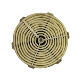 Top-down plan view of filter element showing concentric spiral paper/felt pleats radiating outward from centre stud, with two plastic cross-braces sitting across the top. Cream plastic outer retainer ring with castellated edge visible around perimeter.