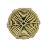 Underside plan view of filter element showing plastic base retainer tray with six radial ribs meeting at a central hub with locking clip, and concentric paper pleats sitting within the tray.