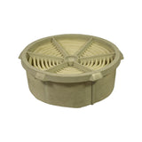 Three-quarter upper view of filter element from different angle showing the full disc shape, depth of spiral paper medium, and plastic base tray profile.