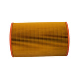 Filter element laid horizontally showing the outer cylindrical pleated paper surface and orange rubber end caps at both ends; no markings visible on this face.