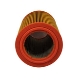 Bottom-up view into the closed end of the filter showing the orange end cap with inner steel mesh partially visible; this end appears closed or semi-closed.