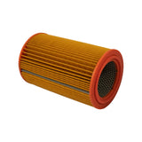 Filter element in three-quarter side-elevation view, laid diagonally, showing the open perforated-mesh end, the amber pleated paper outer body, and a thin longitudinal seam strip.