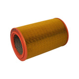 Filter element upright from a lower angle showing the full cylindrical body with pleated amber media, red-orange end caps, and faint moulded text on the upper end-cap rim.