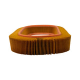 Close-up angled view of corner section revealing filter's non-uniform cross-section: straight sides with rounded ends and inward-tapering profile. Inner rubber gasket ring visible at top opening.