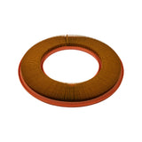 Filter element, angled three-quarter view from below showing the underside face. Pleated filter media and orange rubber gasket clearly visible; filter appears unused and clean.