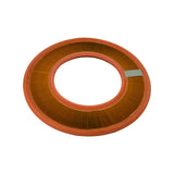 Top-down view of filter element showing full donut profile; a small rectangular label is affixed to the inner rubber ring; pleating is uniform and undamaged.