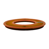 Low-angle side profile shot of filter element, showing low height relative to diameter; rubber rim seals on top and bottom faces visible; pleated media in good condition.