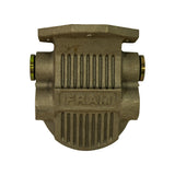 Straight-on front face of mount showing symmetric fin ribbing, central FRAM emboss, and two brass accessory ports (one each side). Mounting flange with two bolt holes visible at top.