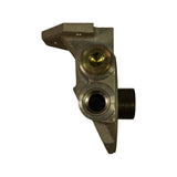 Side profile showing oil inlet/outlet ports: upper port has brass internal orifice (AN O-ring style fitting), lower port has large external male thread stub (1-1/2 in.-12 filter thread). Mounting flange with two bolt holes clearly visible at top.