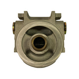 Face-on view of filter-thread end showing large circular machined recess with central threaded bore and inner rubber seal seat. Two accessory ports with brass fittings at sides. Mounting flange at top.