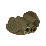 Rear three-quarter view showing back of mount body with FRAM emboss, large threaded female inlet port and one brass accessory port visible. Fin ribs on lower dome.