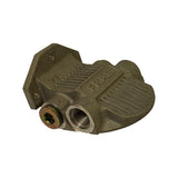 Bottom-rear view highlighting the two ports on the base side: one large female NPT/AN threaded inlet and one smaller brass hex accessory port. Fin dome and mounting flange visible.