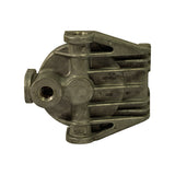 Angled view of the filter base showing the port connections and overall casting profile. Metal surface shows factory finish with no corrosion.