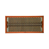 Top-down plan view of filter element, mesh face up, showing full rectangular footprint with notched corners and evenly perforated steel grille over the pleated paper media below.