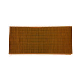 Reverse (bottom) face of filter element showing dense orange pleated paper media across the full width; pleating is uniform and undamaged with no tears or contamination visible.