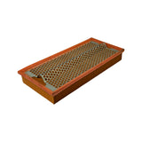 Three-quarter top-angled view showing upper mesh face with central metal spine and orange gasket perimeter. Mesh has age-related patination but no holes or deformation.