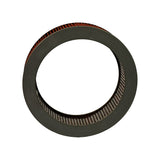 Top-down plan view of filter element showing wide grey rubber top end cap (annular ring), pleated red-orange media band, and perforated inner metal core with central open bore.