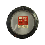 Top-down view of filter face in shrink wrap. Ryco Premium Filter label centred, diamond-mesh protective screen visible across the top face of the filter. Pleated outer edge and black rubber seal ring clearly shown. Barcode on secondary label readable.