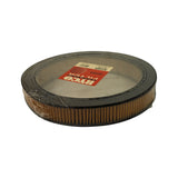 Side/perspective view showing filter depth and construction. Amber/tan pleated paper filter media visible around the full circumference between the two black rubber end caps. Inverted Ryco label visible on the upper face. Filter height and annular profile clearly shown.