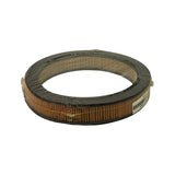 Side elevation view showing the annular ring profile and full circumference of amber pleated paper media. Shrink wrap intact with minor surface dust. A240X label visible on the outer edge. No damage to media or end caps.