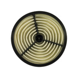 Top-down view of intake face of filter showing full circular radial pleat pattern and three-spoke black plastic support grid with central rubber-capped stud.