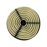 Top-down view of outlet/clean-air face of filter. Cream radial pleats visible with black plastic three-spoke support grid. Filter element overall appears clean and unused.