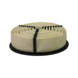 Side and outlet-face three-quarter view showing flat black rubber base seal ring and full height of cream filter media sidewall. No markings visible on sidewall.