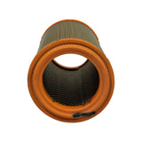Top-down view looking into the open bore of the filter. Orange polyurethane seal ring clearly visible, inner metal support mesh exposed, small black-ink stamp partially visible on the lower outer flange — appears to read WA6486 or similar part code.
