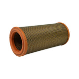 Filter laid horizontally, angled view showing length. Both end caps visible, outer metal mesh body runs full length. Minor surface dust on mesh consistent with open-box storage but no damage.