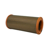 Filter laid horizontally from opposite end. Full-length profile showing outer mesh and orange end caps. Condition appears unused.