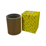 Filter out of box alongside yellow packaging; full side profile visible confirming cylindrical shape and full height of element.