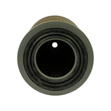 Top-down view into open end of filter showing rubber sealing gasket ring, inner metal mesh support core, and hollow centre bore. Single small hole visible in end plate.