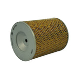 Low-angle side view showing filter laid at angle; bottom end cap visible with Full logo, 'HIGH QUALITY AIR FILTER' text, and UB821 stamp. Amber pleated paper element and outer mesh visible.