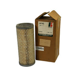 Filter element standing beside open Kralinator box; both labels visible — Kralinator LA142 manufacturer label and the AIR FILTER WF-3062K cross-reference sticker added to the box face.