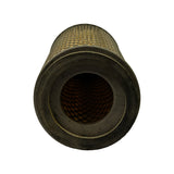 Top-down view into the open end of the filter showing concentric rubber/foam sealing gasket, inner support mesh and pleated paper element visible through the centre bore.