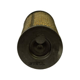 Closed bottom end of filter showing dished steel end cap with central spot-weld disc and stamped marking 'KRALINATOR LA 142 / MADE IN USA 344C2AK'.